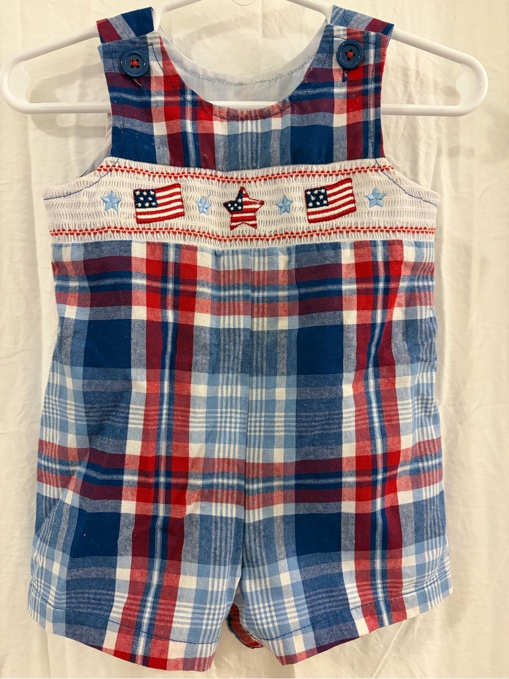 Good Lad Red, White & Blue Plaid Toddler Romper with Flag Embroidery